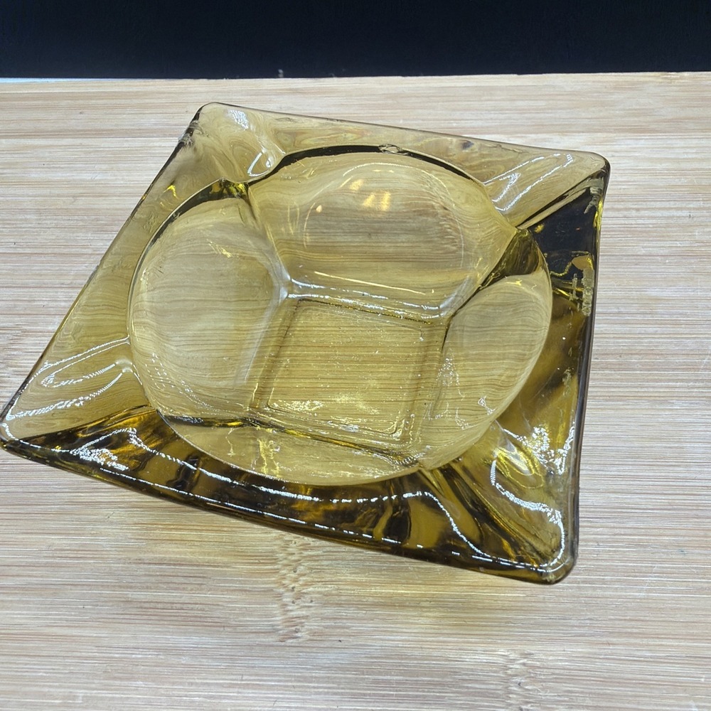Vintage Amber Glass Cigar Ashtray Square Mid Century Modern Heavy 3.5" Diameter